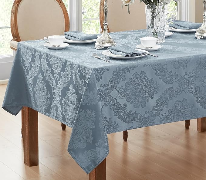 Newbridge Barcelona Damask Fabric Tablecloth, 60 x 102 Inch Rectangle, Blue – No Iron, Soil Resistant Table Cover for Dining, Parties and Holidays