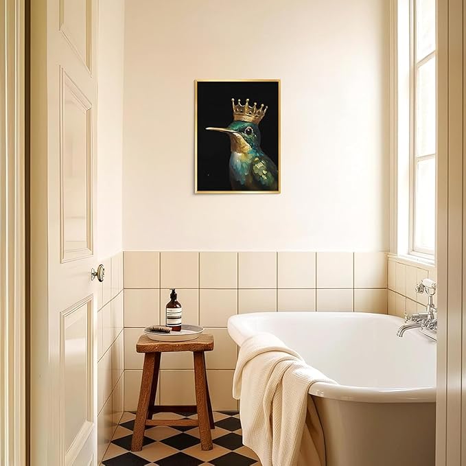 AIMAILON Vintage Gold Canvas Wall Art Framed Decor for Living Room - Hummingbird Birds King Wall Art, Retro Golden Wall Prints of Bird with a Crown, Modern Animal Bird Art Picture Bathroom Decor 12x16