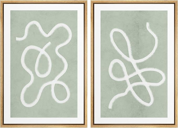 SIGNWIN Framed Wall Art Print Set White Line Over Contrasting Green Background Abstract Swirly Digital Art Modern Art Mid-Century Modern Expressive for Living Room, Bedroom, Office - 24"x36"x2 Panels