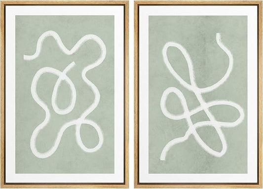 SIGNWIN Framed Wall Art Print Set White Line Over Contrasting Green Background Abstract Swirly Digital Art Modern Art Mid-Century Modern Expressive for Living Room, Bedroom, Office - 24"x36"x2 Panels