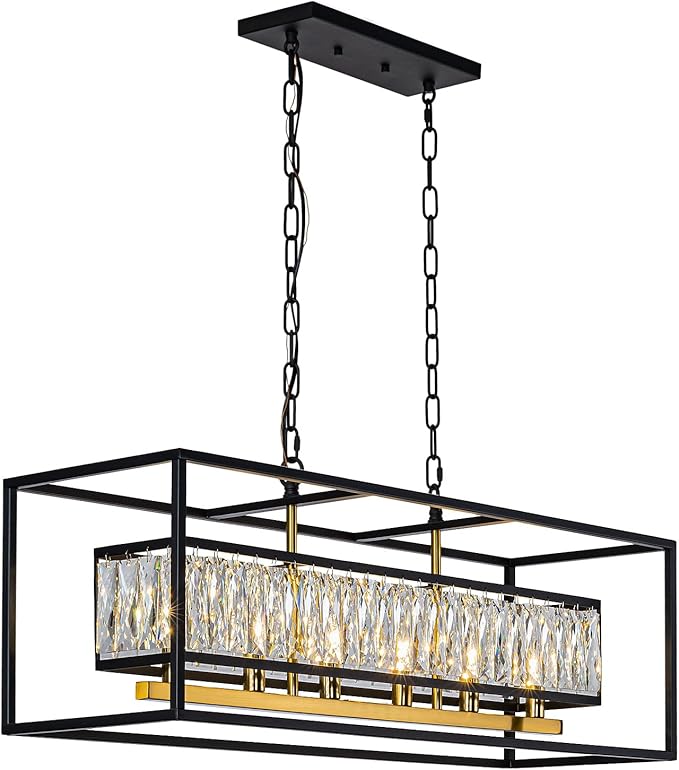 Vezzio Crystal Chandeliers for Dining Room Modern Crystal Chandelier 6-Light Rectangle Contemporary Pendant Light Fixture for Kitchen Island Bar L35 Inch