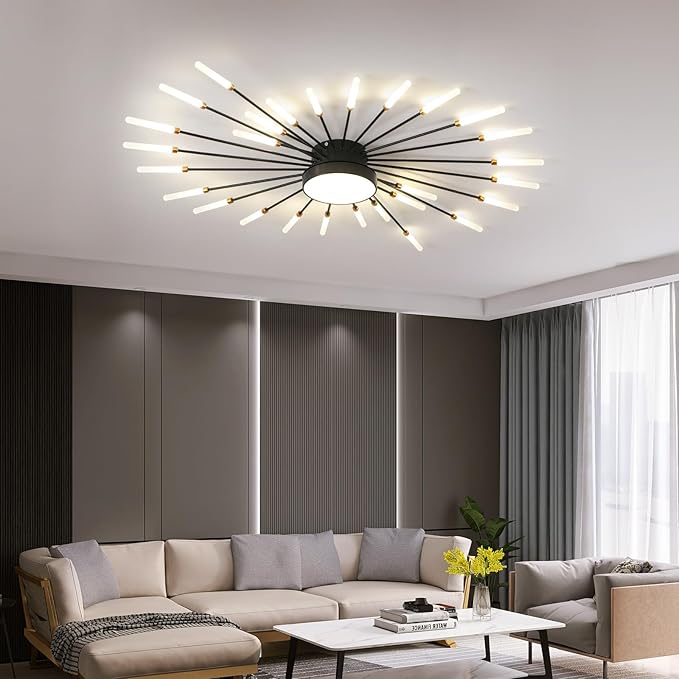 JAYMP Ceiling Light Modern Flower Shape Ceiling Lamp for Living Room Dining Room Flush Mount Metal Acrylic Sputnik Firework Petal LED Lighting Fixture (Matte Black, 28+1 Lights)