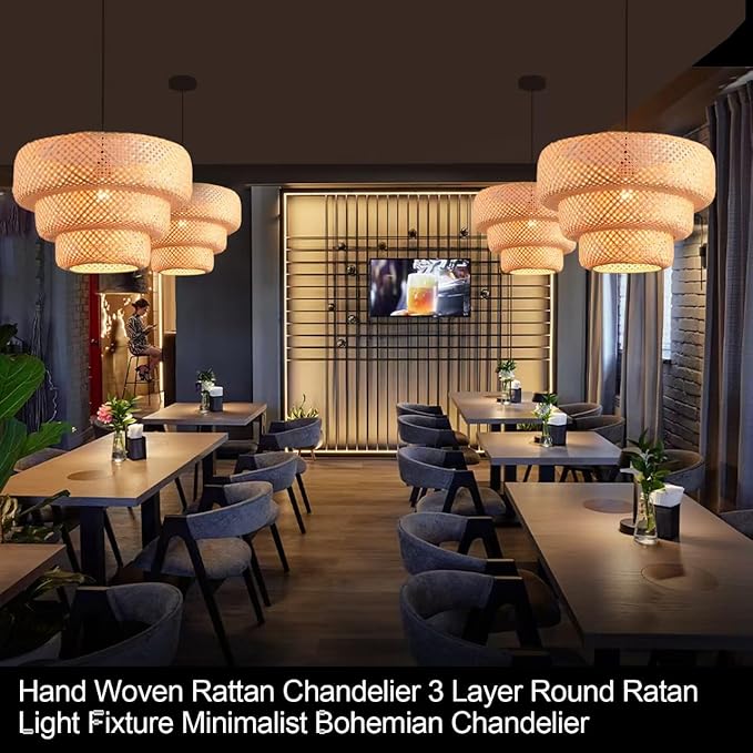 18.12 Inch Bamboo Pendant Light 3-Tier Hand Woven Rattan Pedant Light for Kitchen Dining Room Bedroom Living Room Kitchen Island Coastal Pendant Light