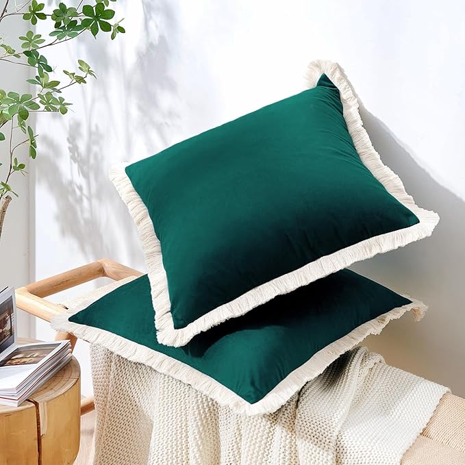 MONDAY MOOSE Decorative Throw Pillow Covers Cushion Cases, Set of 2 Soft Velvet Modern Fringe Tassel Designs, Mix and Match for Home Decor, Pillow Inserts Not Included (Teal Green, 20x20 inch)