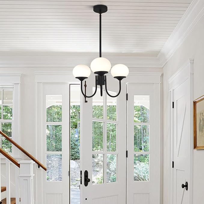 BOKT Dining Room Light Fixtures Over Table, Black Chandeliers for Farmhouse, Foyer Lighting Fixture with White Glass Shade for Kitchen