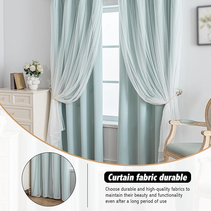 Anytime Home Curtains Blackout and Sheer Layered Solid Window Curtain Panel Pair with Grommet Top, 52Wx63L,Light Blue