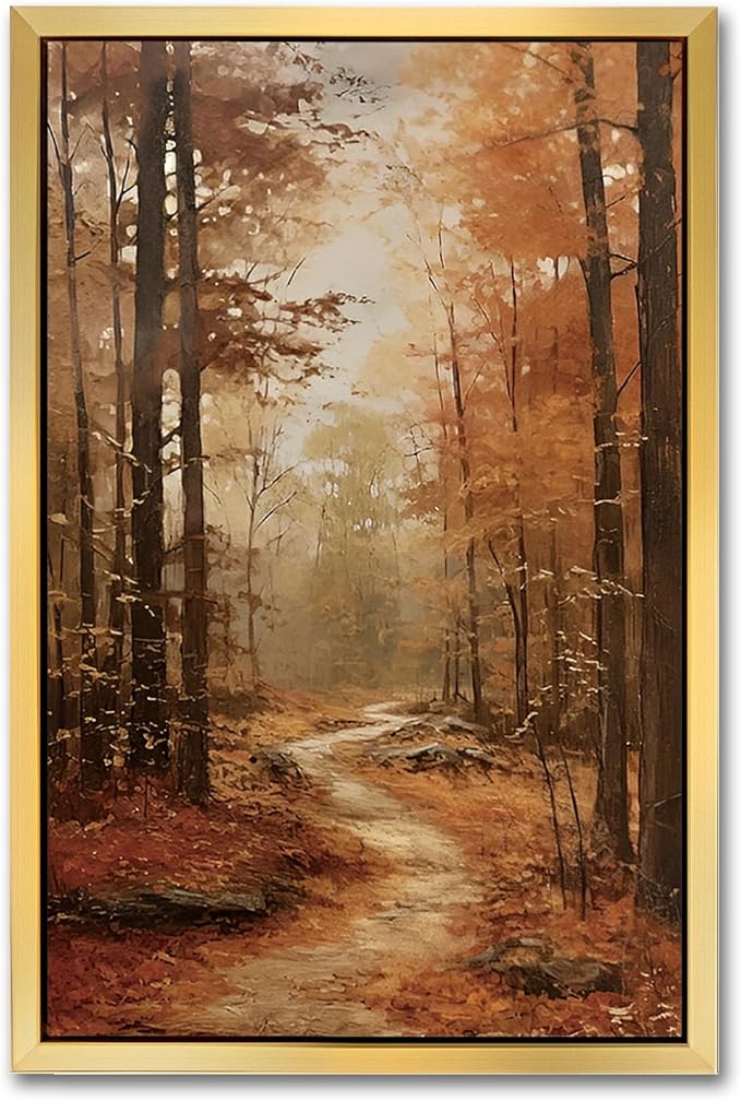 AIMAILON Vintage Gold Canvas Wall Art Framed Decor Classical Autumn Forest Trail Nature Theme Landscape Artwork Botanical Aesthetic Picture Home Interior Decoration 12x18