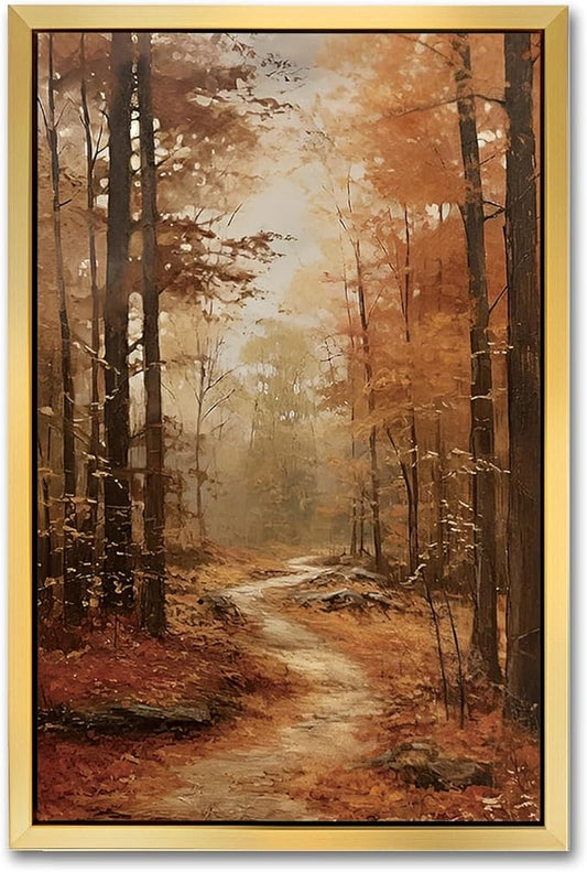 AIMAILON Vintage Gold Canvas Wall Art Framed Decor Classical Autumn Forest Trail Nature Theme Landscape Artwork Botanical Aesthetic Picture Home Interior Decoration 12x18