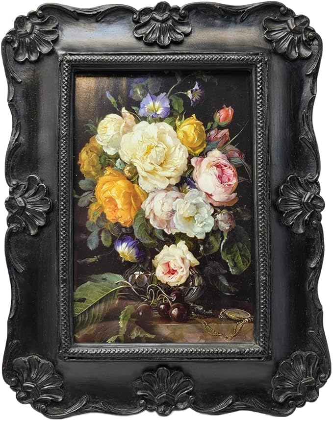 SYLVIA'S SHOP 4x6 Vintage Picture Frame, Antique Black Ornate Photo Frame, for Tabletop and Wall Display, Decorative Floral Design Retro Home Decor, Photo Gallery Art