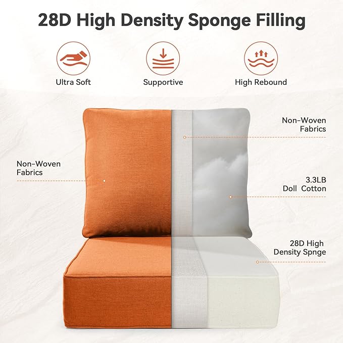 6" Thick Outdoor Cushions 24x24x6, 1-Set Deep Seat Patio Cushions with Removable Cover, Waterproof & Fade Resistant Replacement for Wicker Chair, Loveseat, Sofa - Orange