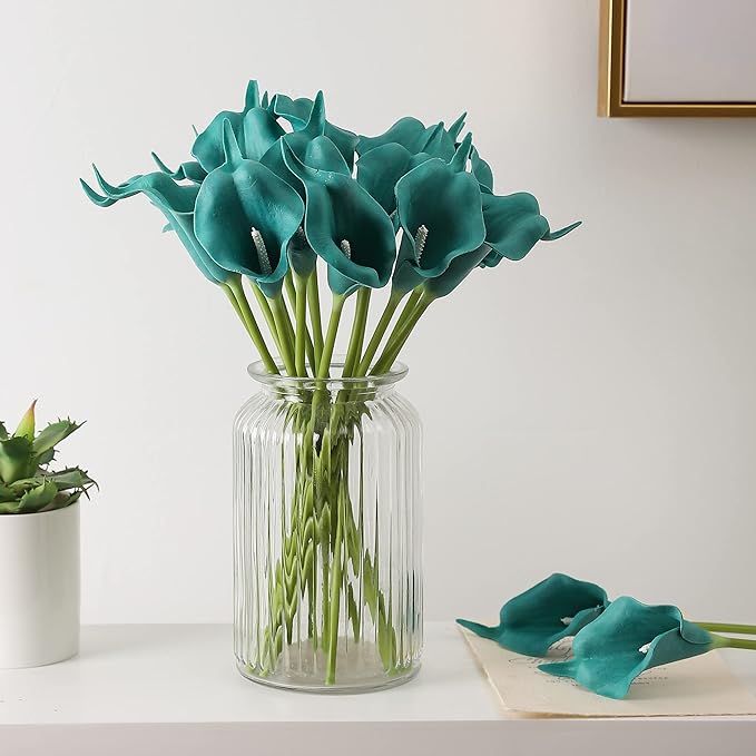 Duovlo 20pcs Calla Lily Bridal Wedding Bouquet Lataex Real Touch Artificial Flower Home Party Decor (Peacock Blue)