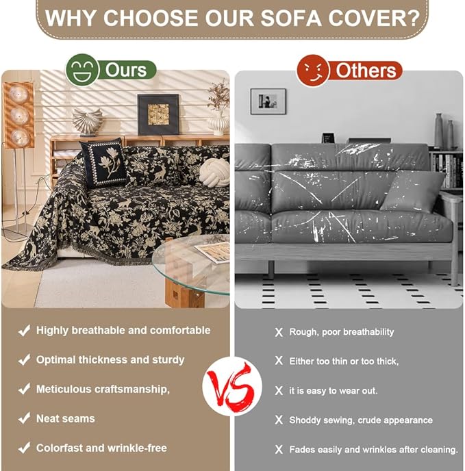 ROOMLIFE Black Couch Cover Sofa Covers, Chenille Couches Covers for 3 Cushion Sofas, Non Slip Soft Breathable Sofa Slipcovers for Pet, Washable Furniture Protector with Tassel,71''X134”