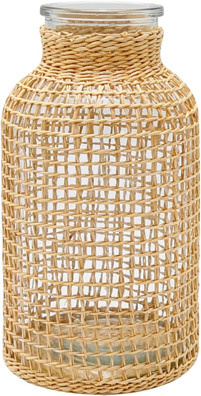MDEOOSKY Straw Woven Glass Vase 10.25''X3.93''X5.52''Boho Glass Flower Vase Country Rustic Style Vase Glass Vase for Floral Arrangements Bottle Height (B Style 10.25IN)