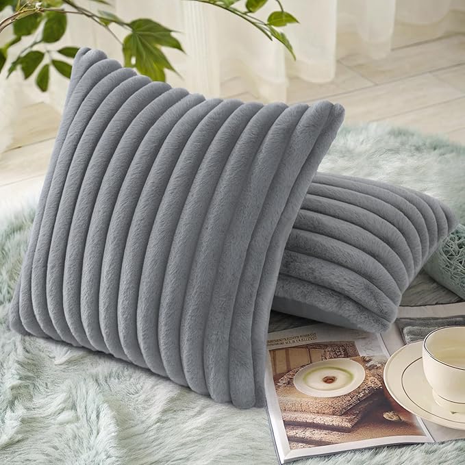 decorUhome Faux Fur Christmas Throw Pillow Covers 22x22 Set of 2, Decorative Soft Plush Striped Neutral Couch Euro Pillow Covers with Velvet Back for Sofa, Bed, Living Room Home Decor, Grey
