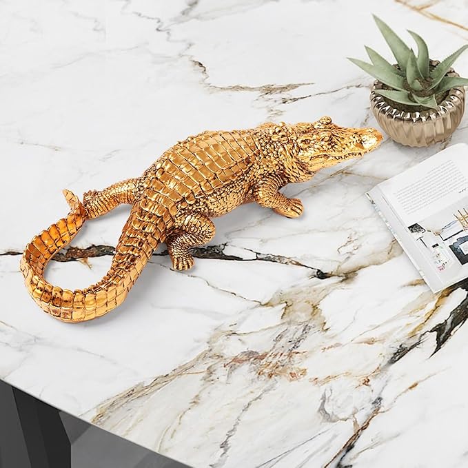 HAUCOZE Crocodile Sculpture Statue Animal Figurine Geometric Decor Polyresin Gold 14 inch