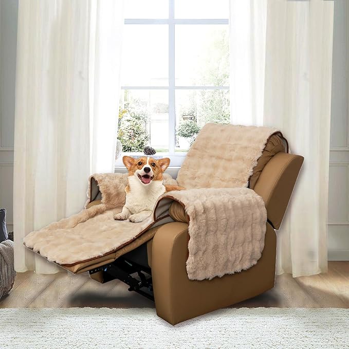 Plush and Fuzzy Shaggy Couch Cover, Dog Pad Faux Fur Sofa Cover, Water Resistant Slipcover, Non-Slip Furniture Protector for Kids,Dogs,Cats.(Light Brown-Bubble, Medium Recliner)