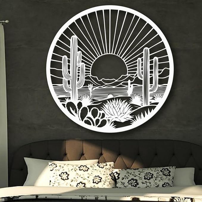Desert Cactus Metal Wall Art, Round Desert Wall Decor with Cactus and Sunset Design, Metal Wall Art for Living Room Bedroom Entryway, Western Outdoor Cactus Decor (White, 47" x 47" / 120 x 120 cm)