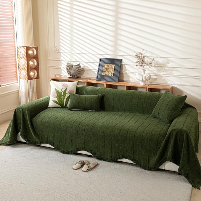 ROOMLIFE Green Sofa Cover, Vintage Boho Couch Cover for 3 Cushion Sofa, Non Slip Soft Chenille Sofa Slipcovers for Dog, Washable Furniture Sofa Protector Cover with Tassel for Living Room, 71''X150”