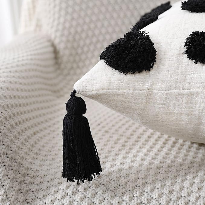 PANOD Super Soft Farmhouse Decorative Plush Throw Pillow Covers 18 x 18 Black,Solid Pom pom Tufted with Tassels Modern Accent Boho Square Cushion Cover Pillow Case for Couch Sofa