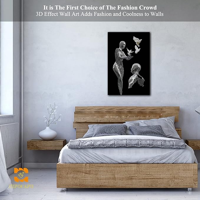 HIPOCAPO 3D Metal Effect Wall Art - Canvas Art, Decor for Modern Living Room, Framed Romantic Couple Put Pigeons pictures bedroom 18''x24''x1Pcs 3d Art-24