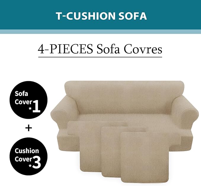 4 Piece T Cushion Sofa Slipcovers Stretch Couch Cover Furniture Covers with 3 Individual T Cushion Covers, Machine Washable for Living Room (Island Fossi, 3 Cushions)