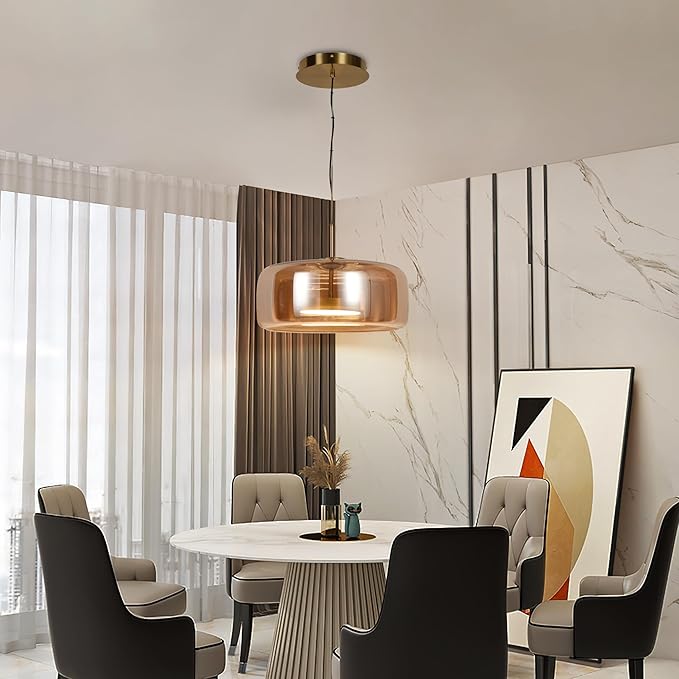 Modern Glass LED Pendant Light with Remote,15'' Stepless Dimmable & CCT Adjustable Hanging Height, 25W Modern Gold Finish for Dining Room, Living Room, Bedroom,Amber