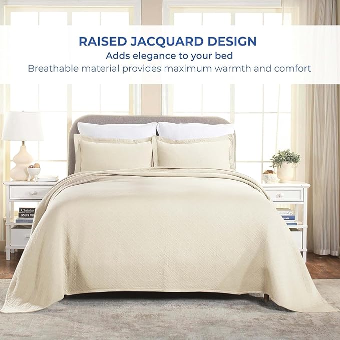 Superior 100% Cotton Basket Weave Bedspread with Shams, All-Season Premium Cotton Matelasse Jacquard Bedding, Quilted-Look Geometric Basket, Queen, Ivory