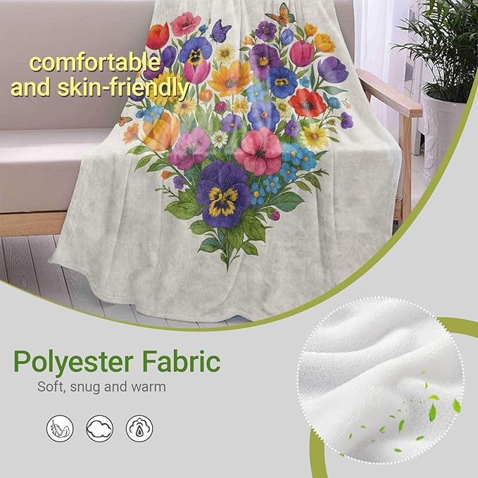 Colorful Floral Flannel Throw Blanket, 50"x60", Heart Shape Flower, Soft Warm Lightweight Blankets, Machine Washable, Adults Kids Gifts, Outdoor Indoor Travel Hiking Nap Throw, Home Decorate