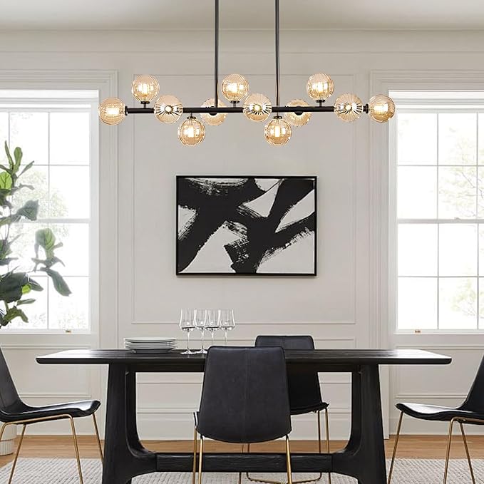 50 Inch Large Sputnik Globe Chandelier, 12-Light Mid Century Modern Light Fixture Over Table, Black Linear Chandeliers for Dining Room Kitchen Island Living (Amber Glass Bubble Shades)
