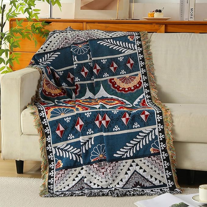 Double-Sided Cotton Woven Throw Blanket with Tassel Jungle Bohemian Style Tapestry Shawl Multi-Function Decorative Throws for Sofa Bed Armchair Camping Blanket Tablecloth Carpet 160x130cm
