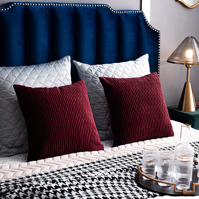 Wine Red Throw Pillow Covers: 2 Pack 22x22 Inch Original Striped Velvet Square Decorative Pillow Cases for Farmhouse Couch