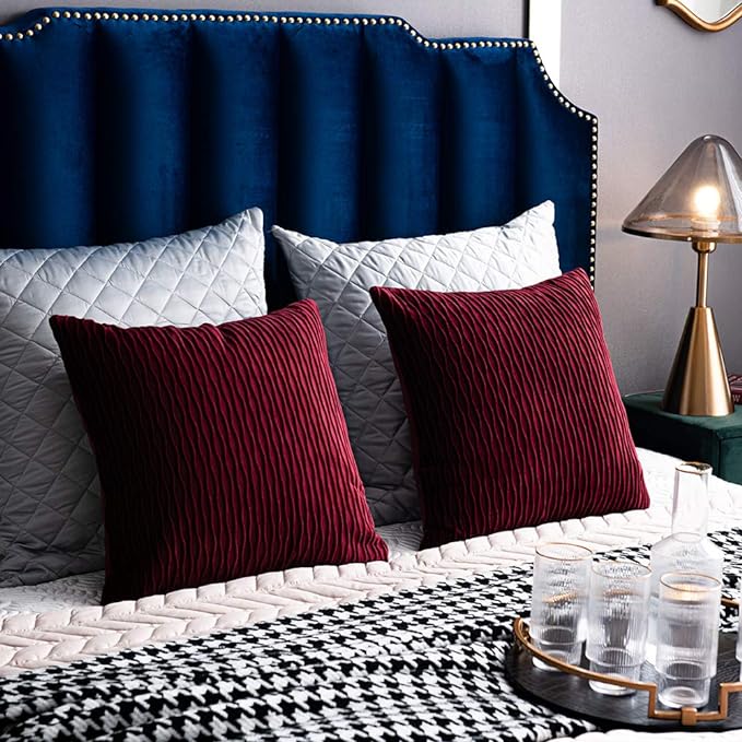 Burgundy 16 x 16 Inch Throw Pillow Covers: 2 Pack Inch Original Striped Velvet Square Decorative Pillow Cases for Farmhouse Couch