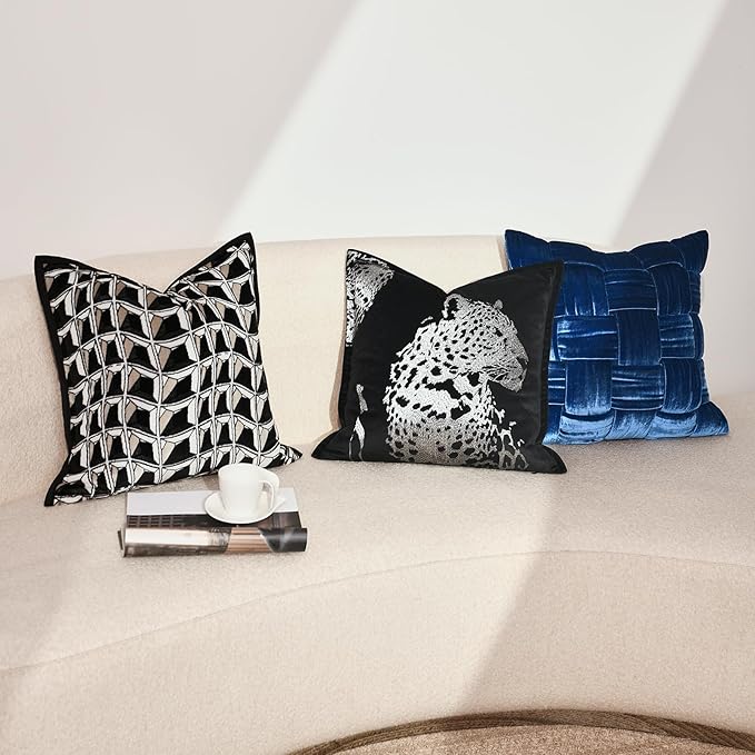 Throw Pillow Cover 18x18'' - Luxe Velvet Silver Leopard Embroidered Pillow Cover, Wrinkle & Fade Resistant, Decorative Cushion Cover for Sofa, Bed Bedroom Living Room