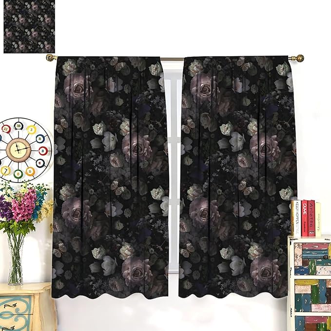 Gothic Floral Blackout Window Curtains, Retro Black Flower Rustic Watercolor Vintage Plant Boho Halloween Window Drapes, for Home Bedroom Living Room 21(W)*63(L) 2 Panels