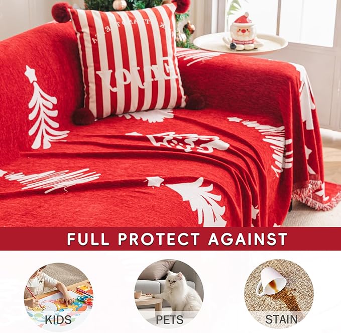 hyha Couch Cover for Dogs, Boho Sofa Covers for 3 Cushion Couch Washable, Chenille Sofa Slipcover for Pets, Soft Loveseat Sectional Couch Throw Blankets with Tassels (Red Christmas Tree, 71x118 Inch)