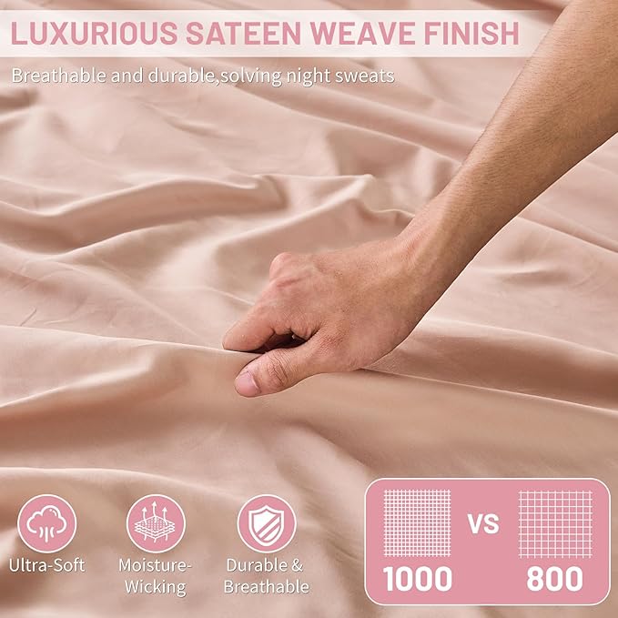 MEISHANG Extra Deep Pocket Cotton Sheets California King - 100% Egyptian Cotton 1000 Thread Count - Fits 18"-24" in Deep Mattress,Oeko-Tex Certified, Soft & Breathable - 4 Piece (Cal King, Light Pink)