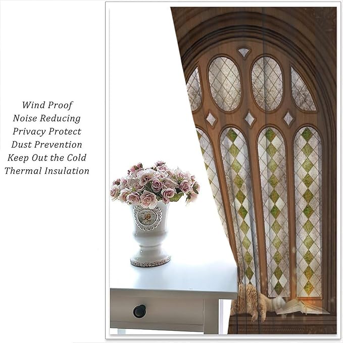 Gothic Medieval Library Blackout Curtains, Mid Century Study Cat Print Pattern Window Drapes, for Living Room Bedroom 21(W)*63(L) 2 Panels