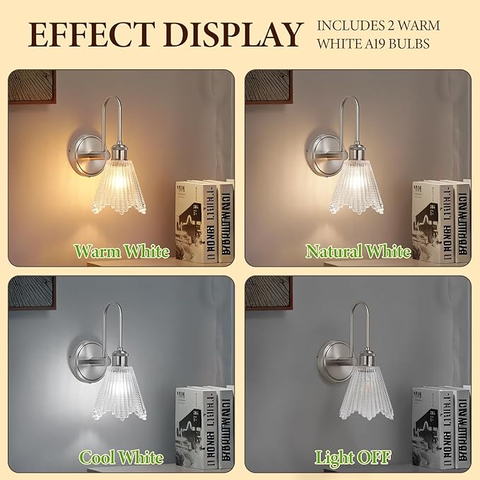 Wall Sconce Set of 2, Nickel Vintage Light Fixtures with Long Clear Glass Lampshade, Hardwired Sconces Wall Lighting for Bedroom, Bathroom, Living Room | Includes 2 LED Bulbs