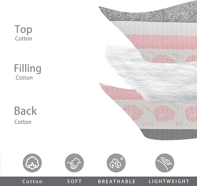 Homzard Floral Comforter King Size,Cotton King Size Quilt Sets,Pink White Grey Comforter Set,Farmhouse Striped Bedding Set,Lightweight Reversible 3 Piece Bedspread,All Season