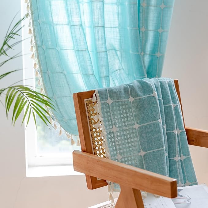 Sutuo Home Boho Curtains for Kitchen Nursery Kid's Room,Bohemian Semi Blackout Plaids Linen Privacy Farmhouse Tassels Window Treatment Embroidery Drape, Rod Pocket 1 Panel 52" W x 63" L, Aqua Blue