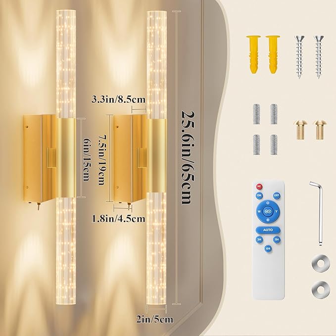 camuucci Battery Operated Gold Wall Sconces Set of 2 Rechargeable Battery Powered Wall Light with 12000mAh Not Hardwired Dimmable Wall Lamp Fixtures for Bedroom Living Room 25.6 Inches