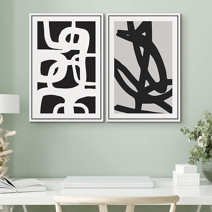 SIGNWIN Framed Canvas Print Wall Art Set Black White Geometric Dark Ring Collage Abstract Shapes Illustrations Modern Art Minimal Boho Relax/Calm for Living Room, Bedroom, Office - 16"x24"x2 White