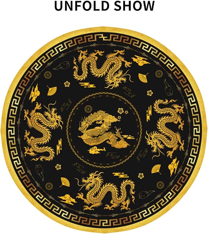 Chinese Dragon Tablecloth Round, Black Golden Traditional Zodiac Dragon Vintage Asian Style Oriental Water Resisitant Table Cover for Dining Kitchen Living Room Home Party Holiday Decor 60 inch Round