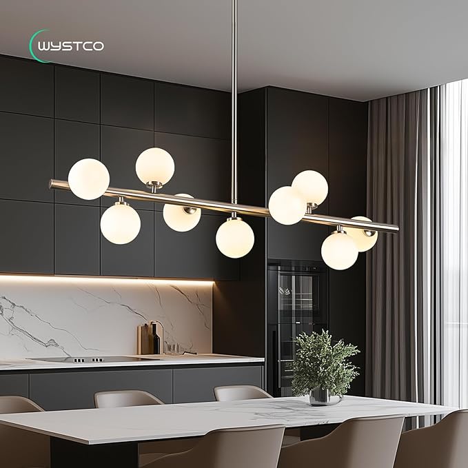 Mid Century Modern Globe Sputnik Chandelier, 9-Light Linear Chandeliers for Dining Room and Kitchen Island, Dining Light Fixture Over Table, Nickel and Milk White Glass Bubble, 40 Inch