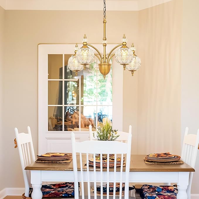Vintage Brass Chandelier - Adjustable Height Dining Room Light Fixture with Handcrafted Blown Glass - 5-Light E26 Base, Ideal for Kitchen, Entryway, Bedroom, Enhances Luxury Home Decor for Discerning