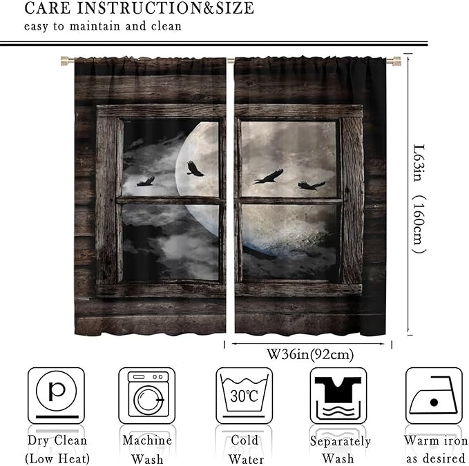 Gothic Halloween Blackout Window Curtains, Black Birds Crow Dark Print Window Drapes, for Home Kids Boys Bedroom Living Room 36(W)*63(L) 2 Panels