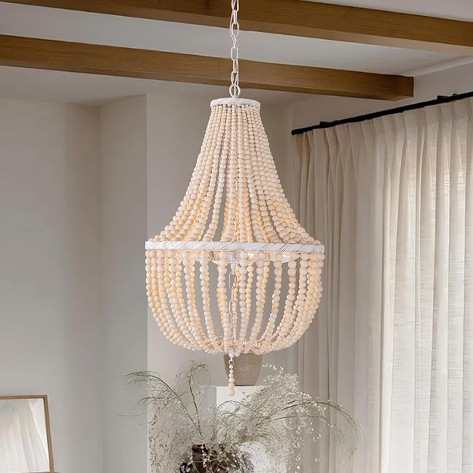 Topaluce18-inch Boho Wood Beaded Chandelier Modern Farmhouse Ceiling Pendant Hanging Lighting Fixture for Dining Room, Foyer, Bedroom,Kitchen Island, Living Room