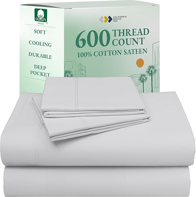 California Design Den Natural 100% Cotton Sheets Queen Size Set - Luxury 600 Thread Count Sateen Queen Sheets Deep Pocket, Fully Elasticized, Crisp, Cool & Durable Hotel Quality Bedding - Light Silver