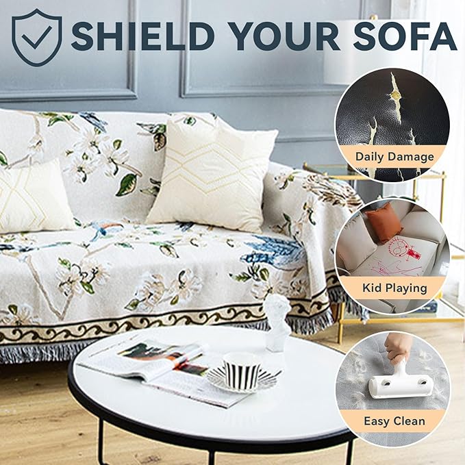 VClife Boho Beige Jacquard Couch Cover Modern Floral Bird Cotton Linen Slipcover for 3-4 Cushion Couch Sofa, 1 PC Retro Vintage Flowers Furniture Protector Futon L Shape Sofa Cover for Sectional Sofa