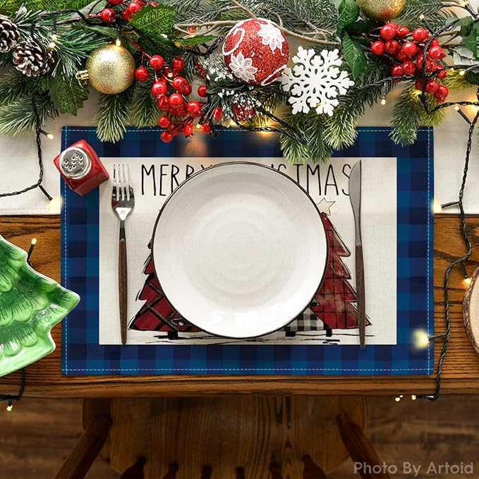 Artoid Mode Blue Waterclor Buffalo Plaid Christmas Trees Placemats Set of 6, 12x18 Inch Winter Table Mats for Outdoor Home Party Kitchen Dining Decor
